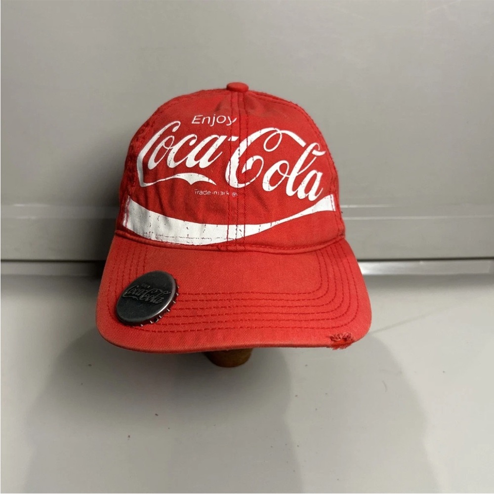 Enjoy Coca-Cola Distressed Red Baseball Cap Hat W/Metal Bottle Opener Adjustable